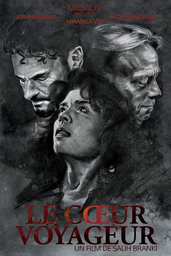 Affiche du court métrage de Salih Branki "Le coeur voyageur". 3 visage sur fond noir au dessin en style fusain.